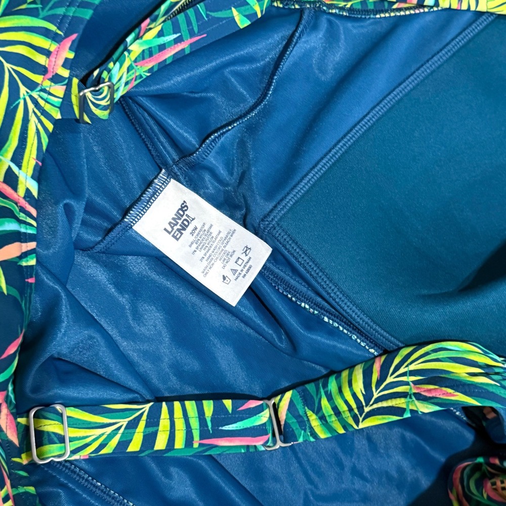 Lands End Women 20W Tropical Palm Leaf Tankini Top V-Neck Adjustable Teal Green - Picture 3 of 3
